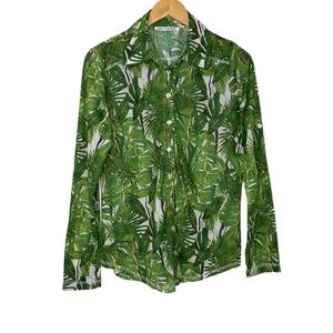 SNO SKINS Womens Tropical Print Semi Sheer Button Up Top Sz XS Green Long Sleeve